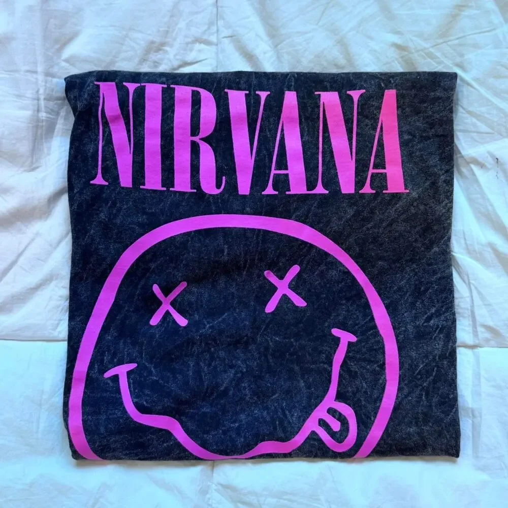 Nirvana smiley graphic band tee L cotton casual emo gunge skater black pink - Picture 1 of 8